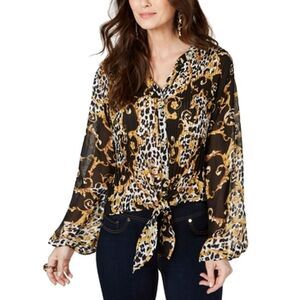 Thalia Sodi Pleated Illusion Tie-Front Blouse Animal Status M